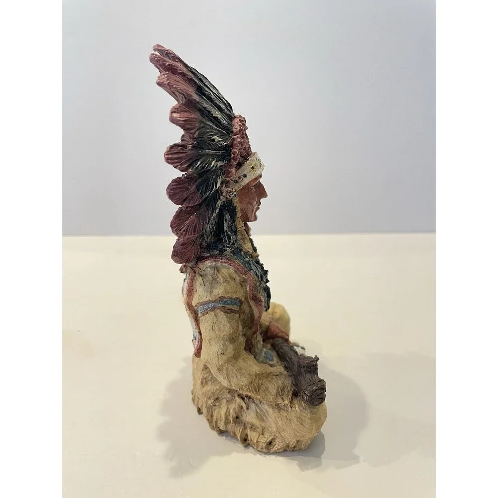 Native American Chief Resin Figurine, Painted Beige/Brown/Black